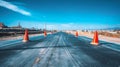 Empty Modern Road Under Construction Featuring Bright Orange Traffic Cones, Blue Sky, and Urban Development Scene Royalty Free Stock Photo