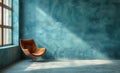 an empty modern room with blue walls and a lone chair, in the style of striped compositions, contemporary minimalist