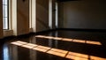 Empty modern room with dark hardwood flooring and sunlight shadows Royalty Free Stock Photo