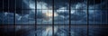 Empty Modern Room with Floor-to-Ceiling Windows Facing Dramatic Night Sky Royalty Free Stock Photo