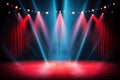 Empty modern stage with bright background for performance, stage lighting with spotlights for theater performance