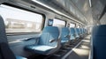 Empty modern train interior with blue seats inside. Generative AI Royalty Free Stock Photo