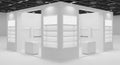 Empty Modern White Exhibition Stand with Display Shelves Royalty Free Stock Photo