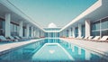 Empty modernist swimming pool with lawn chairs