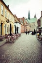 Empty morning street with old houses from royal town Ribe in Den Royalty Free Stock Photo