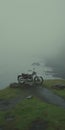 Empty Motorcycle On Foggy Cove: Cinematic Still Shot Inspired By Sergei Parajanov