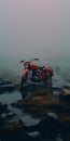 Empty Motorcycle In Misty Cove: Cinematic Still Shot Inspired By Sergei Parajanov