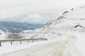 Empty mountain asphalt road in winter covered with snow on a cloudy day. The concept of driving a car in winter ice and Royalty Free Stock Photo