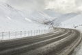 Empty mountain road on a cloudy winter day.