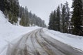 Empty Mountain Road through a Forest durring a Snowstorm Royalty Free Stock Photo