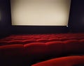 Empty movie theather with empty seats and blank screen