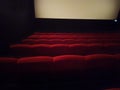 Empty movie theather with empty seats and blank screen