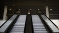 Empty moving staircase running up and down. Media. Modern indoor escalator stairs. Royalty Free Stock Photo