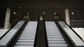 Empty moving staircase running up and down. Media. Modern indoor escalator stairs. Royalty Free Stock Photo