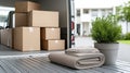 Empty moving truck interior shows boxes neatly stacked with folded blankets in the foreground, ready for relocation Royalty Free Stock Photo