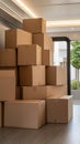 Empty moving truck interior shows boxes neatly stacked with folded blankets in the foreground, ready for relocation Royalty Free Stock Photo