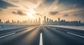 Empty highway leading to a distant city skyline at sunset with dramatic clouds road Royalty Free Stock Photo