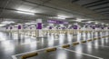 Empty Multi- Level Underground Parking Garage with Purple Signage and Yellow Wheel Stops interior Royalty Free Stock Photo