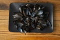 Empty Mussels Shell, Black Clams Shells, Eaten Mollusc, Shellfish, Mussel on Wood Background Top View