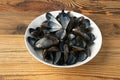 Empty Mussels Shell, Black Clams Shells, Eaten Mollusc, Shellfish, Mussel on Wood Background Top View