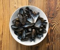 Empty Mussels Shell, Black Clams Shells, Eaten Mollusc, Shellfish, Mussel on Wood Background Top View