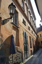 empty narrow street of Prague which is a not so popular destination of tourist in the capital city of Czech Republic Royalty Free Stock Photo