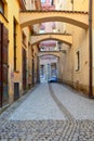 empty narrow street of Prague which is a not so popular destination of tourist in the capital city of Czech Republic Royalty Free Stock Photo