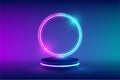 Empty neon stage for product replacement with futuristic circles blue and pink neon light background. vector illustration