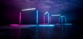 Empty neon stage for product replacement with futuristic rectangle blue and pink neon light background. 3d rendering Royalty Free Stock Photo