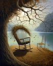An empty nest with a rocking chair overlooking a tranquil lake reminiscent of the happy memories shared by its former
