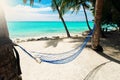 Empty net hammock at tropical beach resort Royalty Free Stock Photo