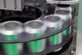 Empty new aluminum cans for drink process are moving in factory line on conveyor belt machine at beverage manufacturing. food and Royalty Free Stock Photo