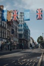 Empty New Oxford Street decorated with Thank You banners and Union Jack flags, London, UK Royalty Free Stock Photo