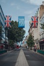 Empty New Oxford Street decorated with Thank You banners and Union Jack flags, London, UK Royalty Free Stock Photo