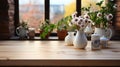 The empty new wooden table top in front with the kitchen blurred background. AI Generated Royalty Free Stock Photo