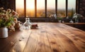 The empty new wooden tabletop in front with the kitchen blurred background. AI Generated. Royalty Free Stock Photo