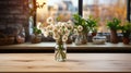 The empty new wooden tabletop in front with the kitchen blurred background. AI Generated Royalty Free Stock Photo