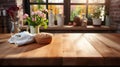 The empty new wooden table top in front with the kitchen blurred background. AI Generated Royalty Free Stock Photo