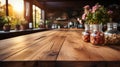 The empty new wooden table top in front with the kitchen blurred background. AI Generated Royalty Free Stock Photo