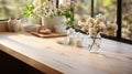 The empty new wooden tabletop in front with the kitchen blurred background. AI Generated Royalty Free Stock Photo