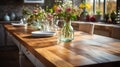 The empty new wooden tabletop in front with the kitchen blurred background. AI Generated Royalty Free Stock Photo