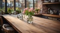 The empty new wooden tabletop in front with the kitchen blurred background. AI Generated Royalty Free Stock Photo