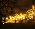 Empty night restaurant, lot of tables and chairs with noone, mag