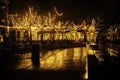 Empty night restaurant, lot of tables and chairs with noone, magic fairy lights on trees like christmas celebration