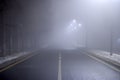 Empty night road with dense fog. Dangerous driving conditions.