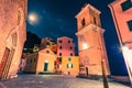 Empty night square in Manarola town, second city of Cique Terre sequence of hill cities. Illuminated summer view of San Lorenzo Ca