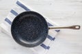 Empty Nonstick Frying Pan Skillet on a white wooden background