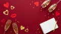 Empty Notebook With Heart Decorations and Sparkling Drinks on Red Background for a Celebration Royalty Free Stock Photo