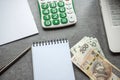 Empty notebook and pen with calculator 100 200 pln polish zloty money on desk Royalty Free Stock Photo