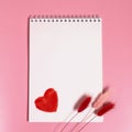 Empty notebook with a spring, a red textile heart and dried lagurus flowers Royalty Free Stock Photo